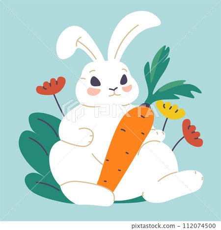 Rabbit with carrot and wildflowers, Easter bunny Rabbit with carrot and wildflowers, Easter bunny 112074500
