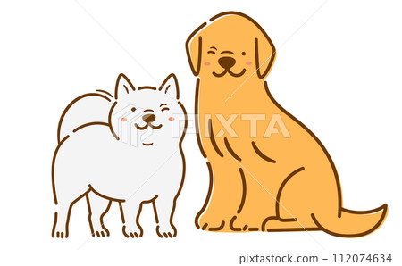 可愛的全身寵物/動物插圖，兩隻微笑和大笑的狗坐著_白色背景 112074634