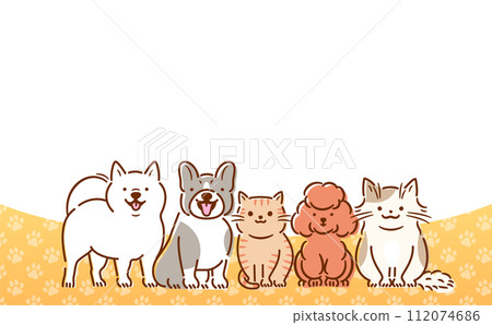 Cute animal vector frame design with footprint pattern background and copy space for dog and cat headline titles Cute animal vector frame design with footprint pattern background and copy space for dog and cat headline titles 112074686