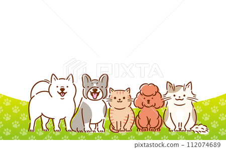 可愛的動物向量框架設計，具有足跡圖案背景和狗和貓標題標題的複製空間 112074689