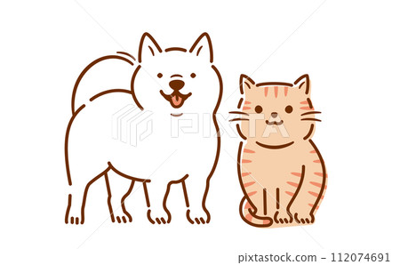 Cute full-body pet illustration of a smiling dog and cat sitting _ white background 112074691
