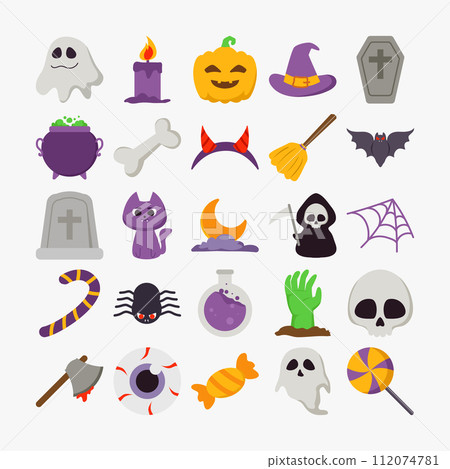 Halloween vector element collection. Creepy, ghost, scary, spooky, pumpkin, bat, decoration set. vector illustration Halloween vector element collection. Creepy, ghost, scary, spooky, pumpkin, bat, decoration set. vector illustration 112074781