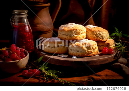 Closeup Plain scone with raspberries and raspberry jam ready to serve for afternoon tea menu Bakery food 112074926