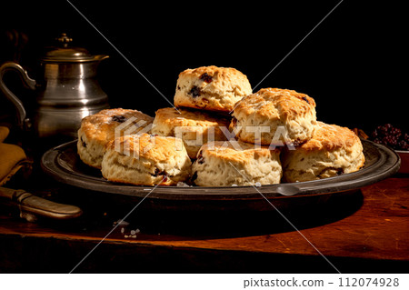 Closeup homemade Plain scones in dish. Bakery food afternoon tea menu Closeup homemade Plain scones in dish. Bakery food afternoon tea menu 112074928