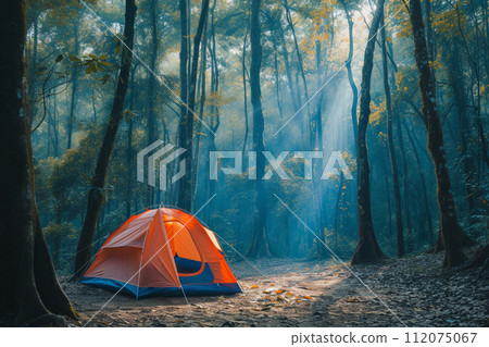 a tent camping in the forest with generative ai 112075067