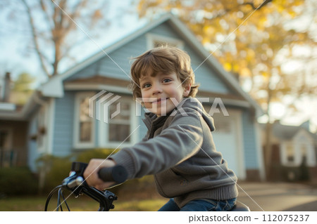 young boy kid riding a bicycle bokeh style background with generative ai 112075237