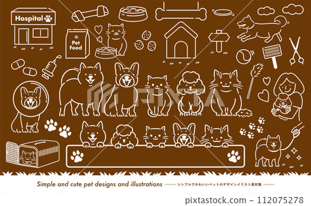 Vector illustration set of cute hand-drawn line drawings of dogs, cats, and pets walking and running with their owners_monotone Vector illustration set of cute hand-drawn line drawings of dogs, cats, and pets walking and running with their owners_monotone 112075278