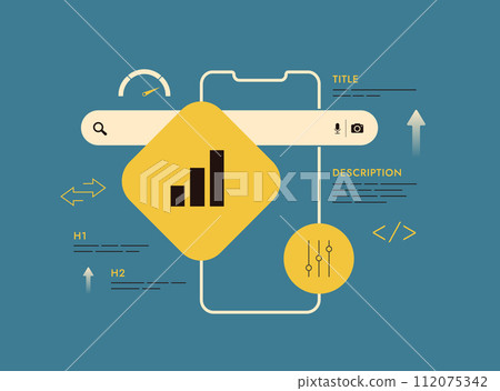 Technical SEO optimization, on-page SEO, website performance tuning, search engine ranking factors, h1 meta tags, title, sitemap, internal links, description. Web development vector illustration Technical SEO optimization, on-page SEO, website performance tuning, search engine ranking factors, h1 meta tags, title, sitemap, internal links, description. Web development vector illustration 112075342