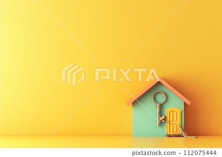 real estate concept house and key 3d model elements on background with generative ai real estate concept house and key 3d model elements on background with generative ai 112075444