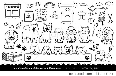 Cute line drawing vector illustration set of dogs, cats, and pets walking and running with their owners_monotone Cute line drawing vector illustration set of dogs, cats, and pets walking and running with their owners_monotone 112075473