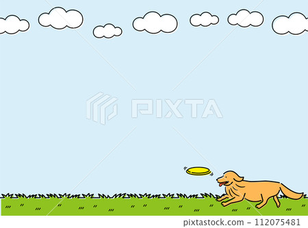 Title heading frame with copy space depicting a running dog playing frisbee under a blue sky 112075481