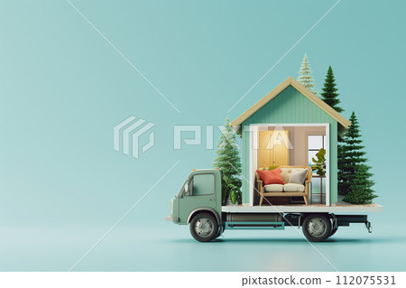 house on truck relocation concept 3d model on background with generative ai 112075531