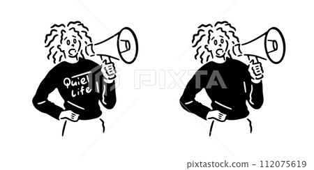 Line drawing illustration of a woman shouting through a bullhorn 112075619
