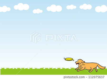 Title heading frame with copy space depicting a running dog playing frisbee under a blue sky Title heading frame with copy space depicting a running dog playing frisbee under a blue sky 112075637