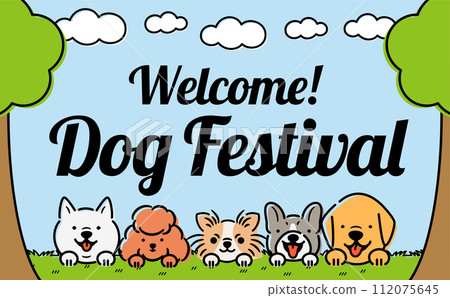 Cute vector frame design with copy space that can be used for headline title of dog lying under fresh green blue sky Cute vector frame design with copy space that can be used for headline title of dog lying under fresh green blue sky 112075645