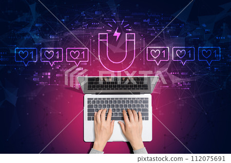 Get more likes concept with person using laptop 112075691