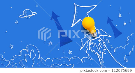 Idea light bulb flying to the sky like a rocket with arrows 112075699
