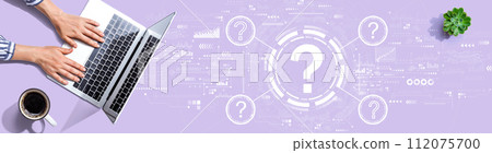 Question marks with person using a laptop Question marks with person using a laptop 112075700
