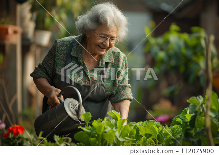 an old woman watering plants bokeh style background with generative ai an old woman watering plants bokeh style background with generative ai 112075900