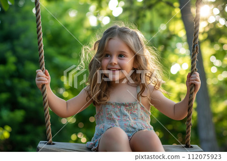 young girl kid sitting on swing bokeh style background with generative ai young girl kid sitting on swing bokeh style background with generative ai 112075923