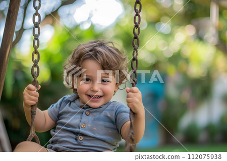 young boy kid sitting on swing bokeh style background with generative ai young boy kid sitting on swing bokeh style background with generative ai 112075938