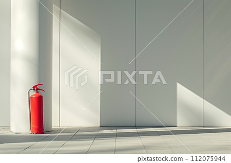 A fire extinguisher in front of the white wall with generative ai 112075944
