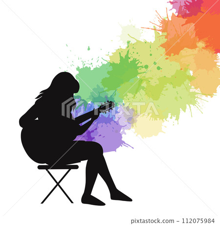 Vector clipart of silhouette of woman playing the guitar with rainbow watercolor splashes on white background. Making music. Music festival. 112075984