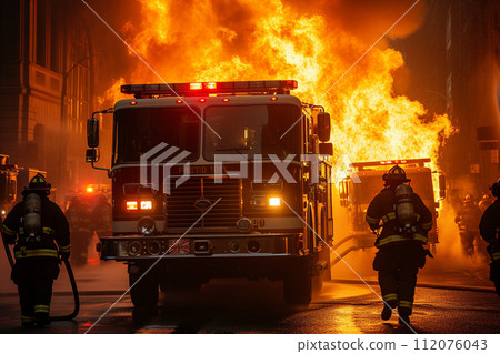 Fire truck and firefighters team are extinguishing fire with generative ai 112076043