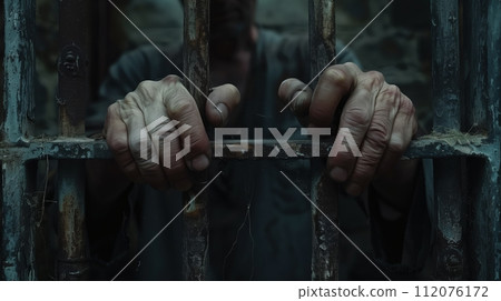 Two men's hands holding prison bars, close-up. Realistic. 112076172