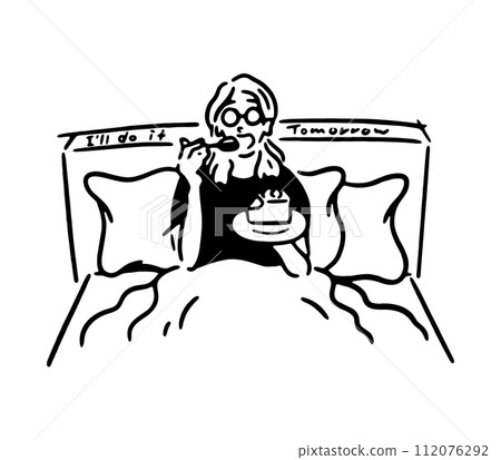 一個女人在床上吃蛋糕的線畫插圖 一個女人在床上吃蛋糕的線畫插圖 112076292