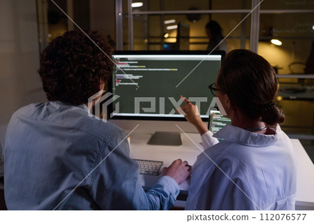Rear view shot of young man and woman fixing computer code in office late in evening Rear view shot of young man and woman fixing computer code in office late in evening 112076577