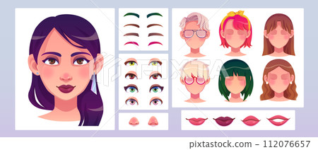 Young woman face construction set Young woman face construction set 112076657