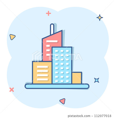 Building icon in comic style. Town skyscraper apartment cartoon vector illustration on white isolated background. City tower splash effect business concept. 112077018