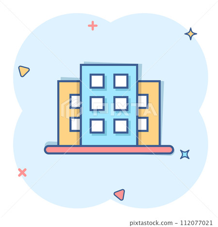 Building icon in comic style. Town skyscraper apartment cartoon vector illustration on white isolated background. City tower splash effect business concept. Building icon in comic style. Town skyscraper apartment cartoon vector illustration on white isolated background. City tower splash effect business concept. 112077021