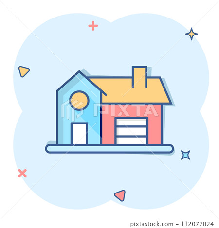 Building icon in comic style. Home cartoon vector illustration on white isolated background. House splash effect business concept. 112077024