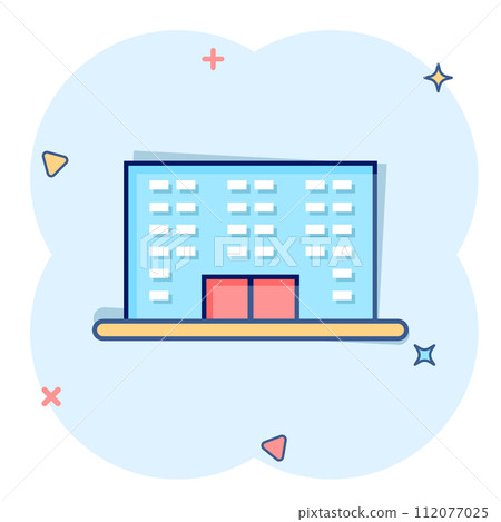 Building icon in comic style. Town skyscraper apartment cartoon vector illustration on white isolated background. City tower splash effect business concept. Building icon in comic style. Town skyscraper apartment cartoon vector illustration on white isolated background. City tower splash effect business concept. 112077025