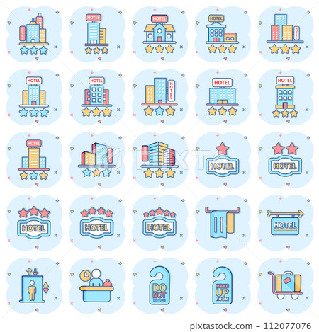 Hotel icon set in comic style. Booking cartoon vector illustration on white isolated background. Vacation reservation splash effect business concept. Hotel icon set in comic style. Booking cartoon vector illustration on white isolated background. Vacation reservation splash effect business concept. 112077076