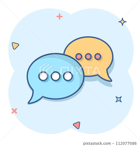 Speak chat sign icon in comic style. Speech bubbles cartoon vector illustration on white isolated background. Team discussion button splash effect business concept. Speak chat sign icon in comic style. Speech bubbles cartoon vector illustration on white isolated background. Team discussion button splash effect business concept. 112077086