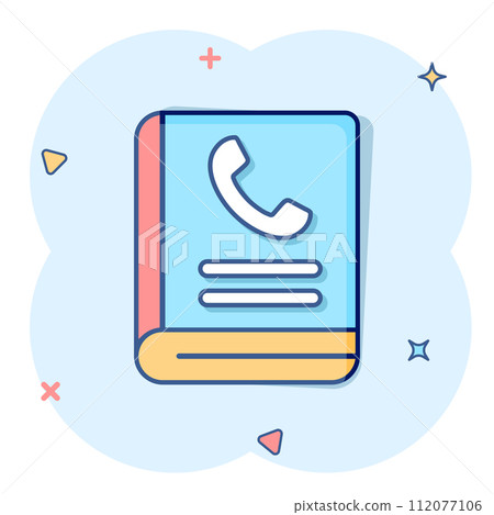 Address phone book icon in comic style. Telephone notebook cartoon vector illustration on white isolated background. Hotline contact splash effect business concept. Address phone book icon in comic style. Telephone notebook cartoon vector illustration on white isolated background. Hotline contact splash effect business concept. 112077106
