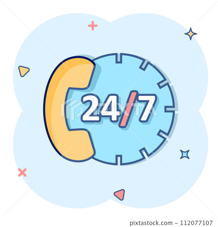 Phone service 24/7 icon in comic style. Telephone talk cartoon vector illustration on white isolated background. Hotline contact splash effect business concept. 112077107