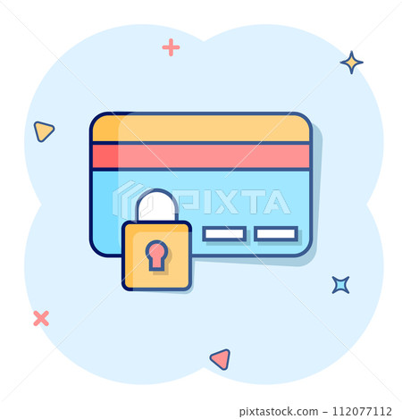 Credit card protection icon in comic style. Safe shopping cartoon vector illustration on white isolated background. Commercial padlock splash effect business concept. 112077112