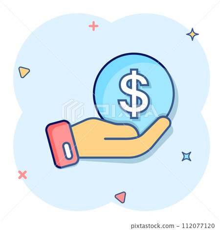 Remuneration icon in comic style. Money in hand cartoon vector illustration on white isolated background. Coin payroll splash effect business concept. 112077120