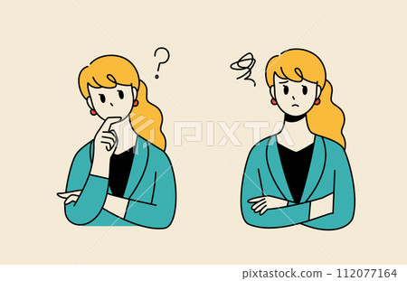 一個穿著西裝的女人，懷疑和擔憂的姿勢 112077164