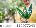 Environment, society and governance. Green leaf in human hand with ESG icons. Responsible investment concept. 112077243