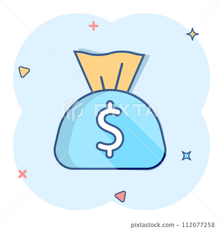 Money bag icon in comic style. Moneybag with dollar cartoon vector illustration on white isolated background. Cash sack splash effect business concept. Money bag icon in comic style. Moneybag with dollar cartoon vector illustration on white isolated background. Cash sack splash effect business concept. 112077258