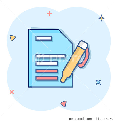 Blogging icon in comic style. Document with pen cartoon vector illustration on white isolated background. Content splash effect business concept. 112077260