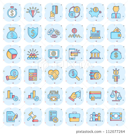 Business icon set in comic style. Finance investment cartoon vector illustration on white isolated background. Financial currency splash effect business concept. Business icon set in comic style. Finance investment cartoon vector illustration on white isolated background. Financial currency splash effect business concept. 112077264