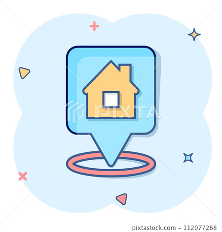 Home pin icon in comic style. House navigation cartoon vector illustration on white isolated background. Locate position splash effect business concept. 112077268