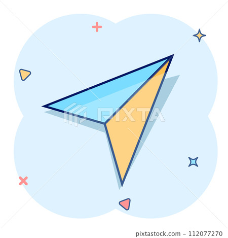 Paper plane icon in comic style. Sent message cartoon vector illustration on white isolated background. Air sms splash effect business concept. 112077270