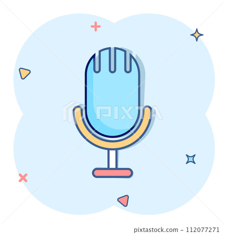 Microphone icon in comic style. Studio mike cartoon vector illustration on white isolated background. Audio record splash effect business concept. Microphone icon in comic style. Studio mike cartoon vector illustration on white isolated background. Audio record splash effect business concept. 112077271